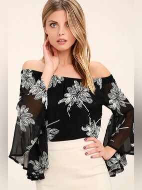 Lulus All I Want is You Black and White Off-the-Shoulder Top